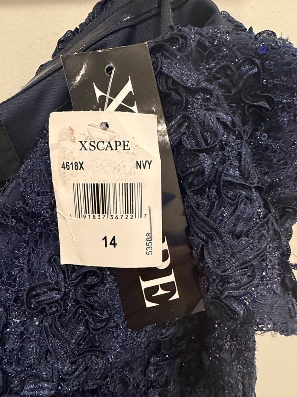 XSCAPE Off The Shoulder Evening Formal Navy Blue Gown Sequins Lace Size 14 NWT - Picture 6 of 11